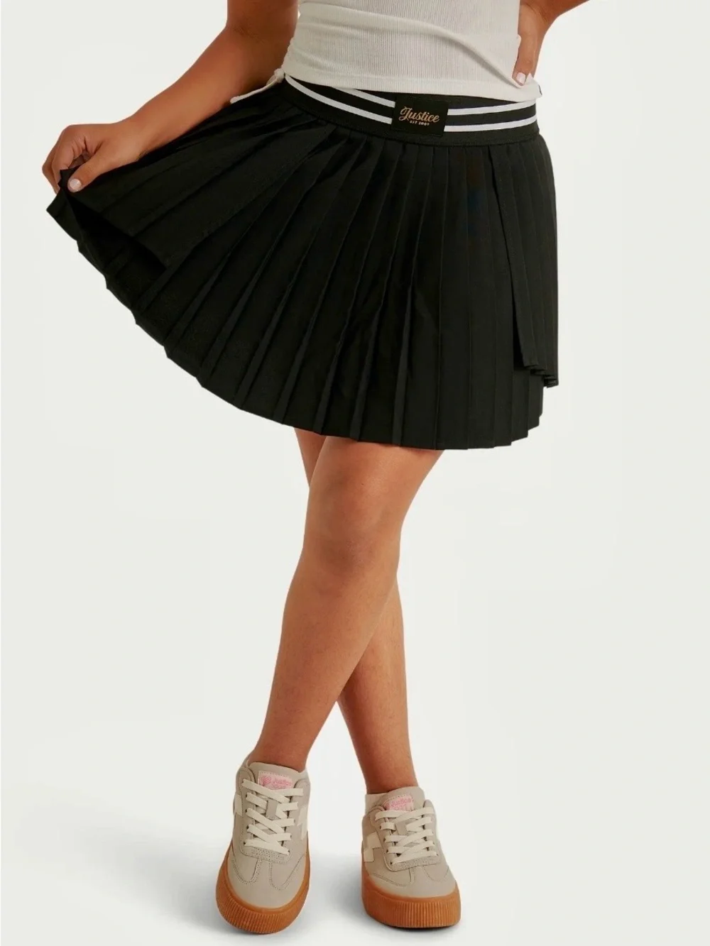 Justice Black Pleated Mini Skirt with Striped Waistband